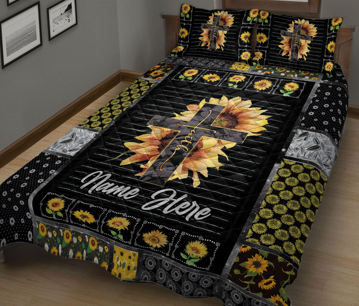 Ohaprints-Quilt-Bed-Set-Pillowcase-Jesus-Cross-Faith-Sunflower-Pattern-Custom-Personalized-Name-Blanket-Bedspread-Bedding-2993-King (90'' x 100'')