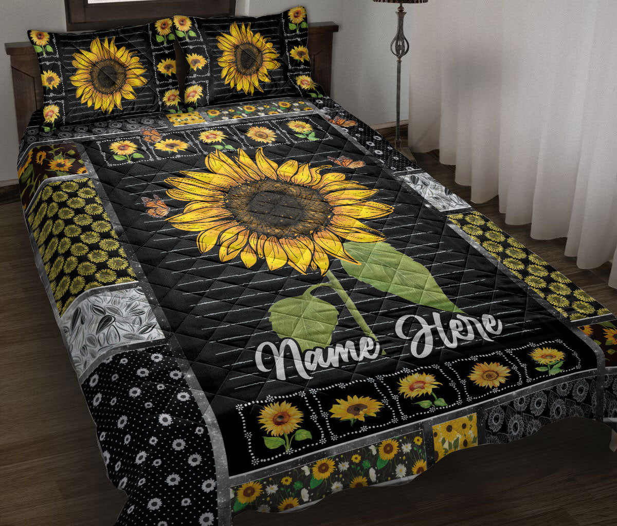 Ohaprints-Quilt-Bed-Set-Pillowcase-Sunflower-Floral-Patchwork-Pattern-Custom-Personalized-Name-Blanket-Bedspread-Bedding-3003-Throw (55'' x 60'')