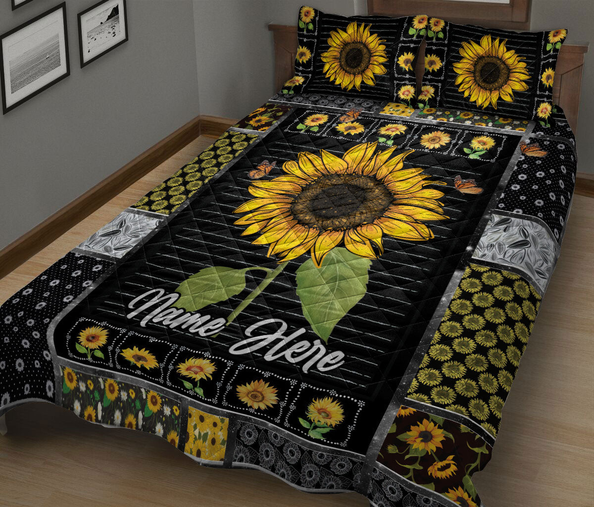 Ohaprints-Quilt-Bed-Set-Pillowcase-Sunflower-Floral-Patchwork-Pattern-Custom-Personalized-Name-Blanket-Bedspread-Bedding-3003-King (90'' x 100'')