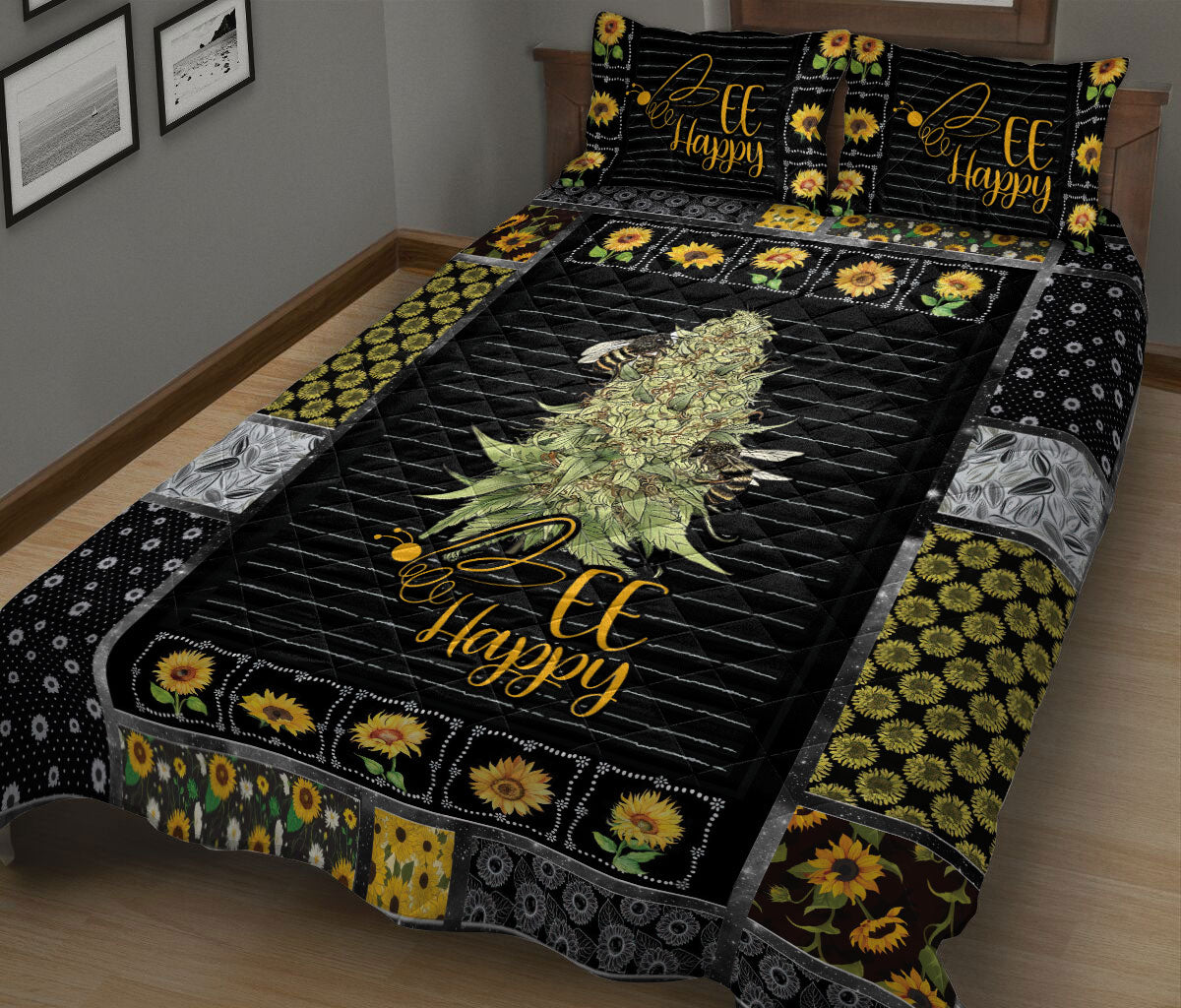 Ohaprints-Quilt-Bed-Set-Pillowcase-Bee-Happy-Sunflower-Yellow-Floral-Patchwork-Pattern-Unique-Gift-Blanket-Bedspread-Bedding-2423-King (90'' x 100'')