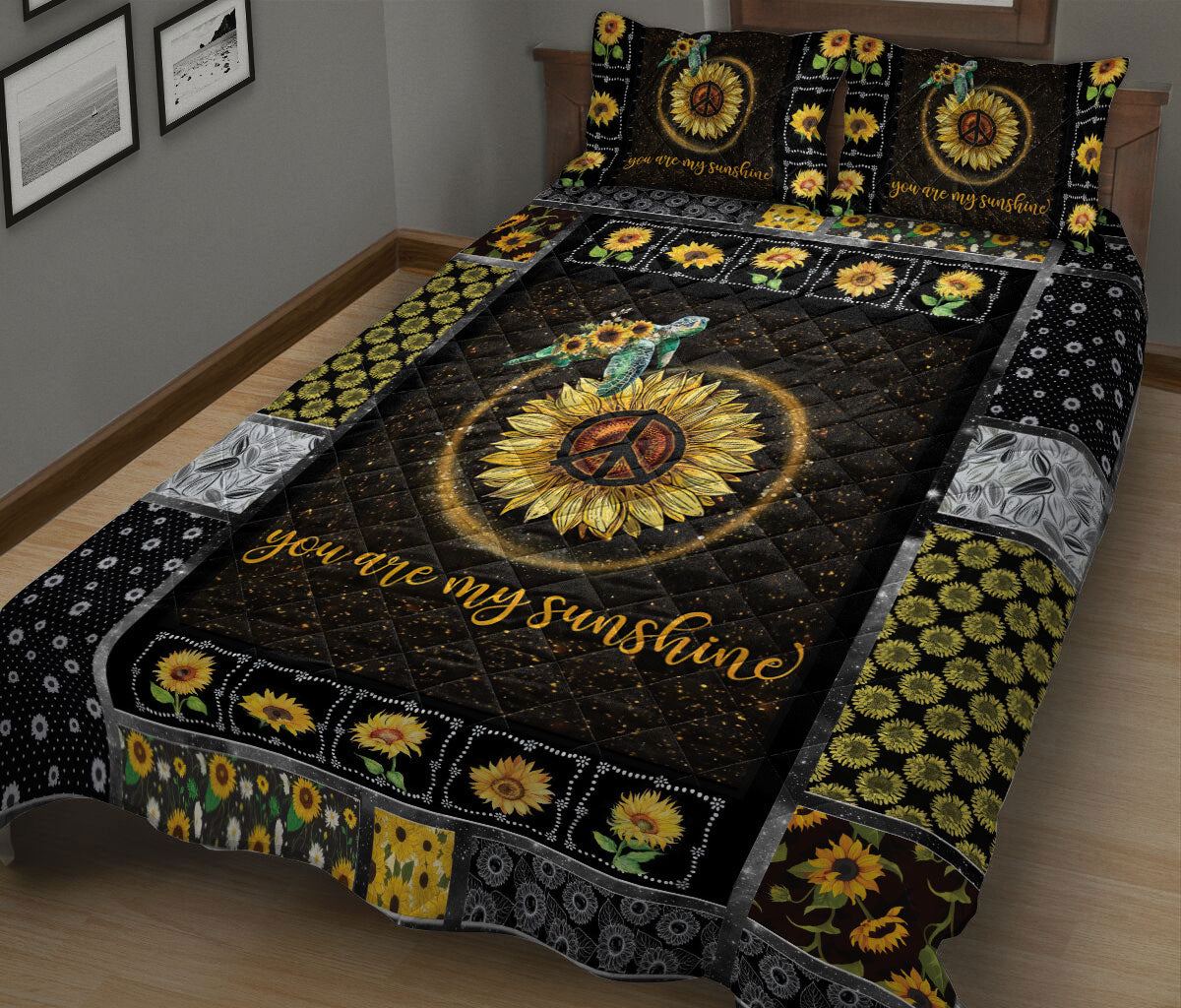 Ohaprints-Quilt-Bed-Set-Pillowcase-Turtle-You-Are-My-Sunshine-Sunflower-Floral-Patchwork-Pattern-Blanket-Bedspread-Bedding-64-King (90'' x 100'')