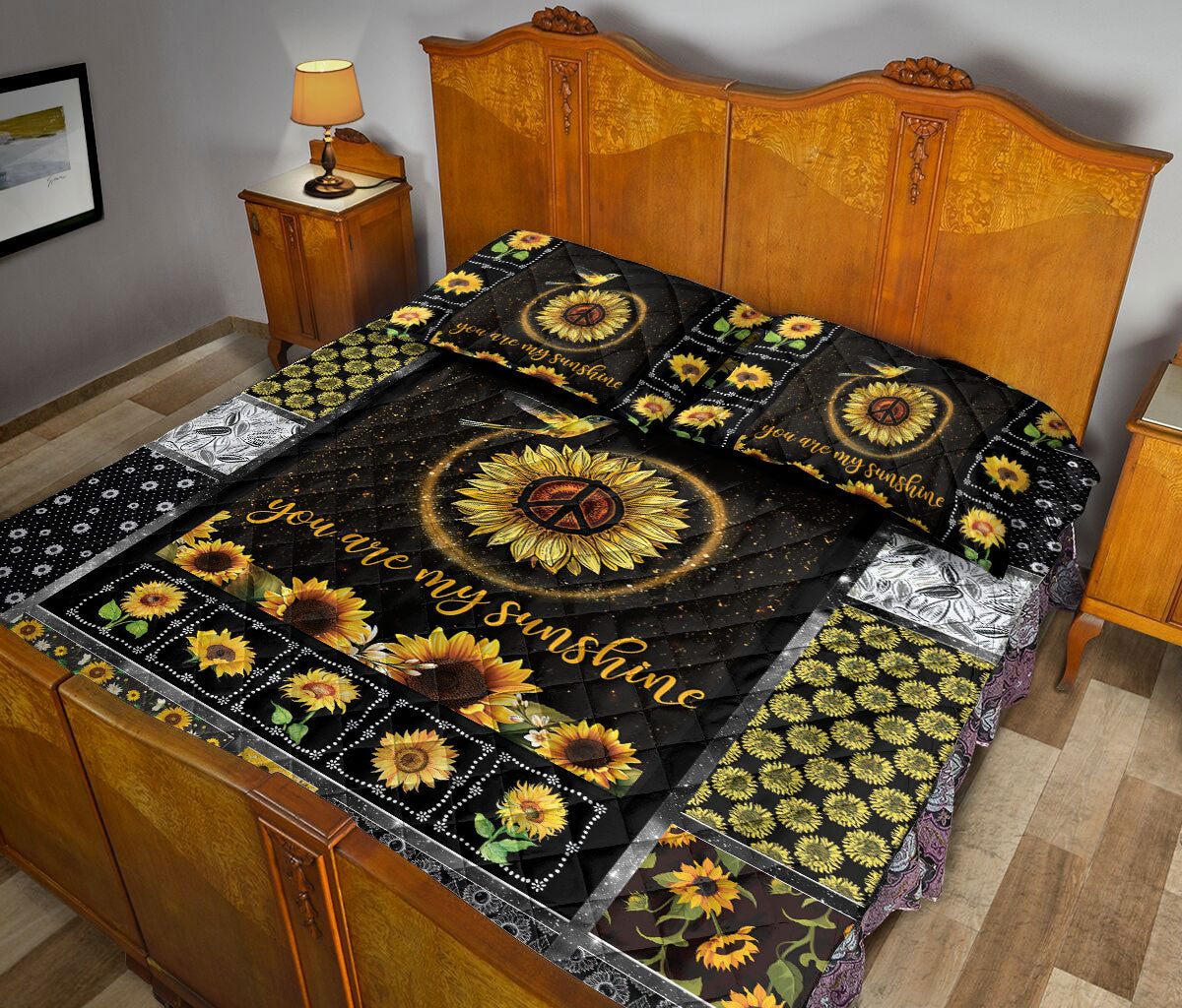 Ohaprints-Quilt-Bed-Set-Pillowcase-Hummingbird-You-Are-My-Sunshine-Sunflower-Yellow-Floral-Patchwork-Pattern-Blanket-Bedspread-Bedding-2950-Queen (80'' x 90'')