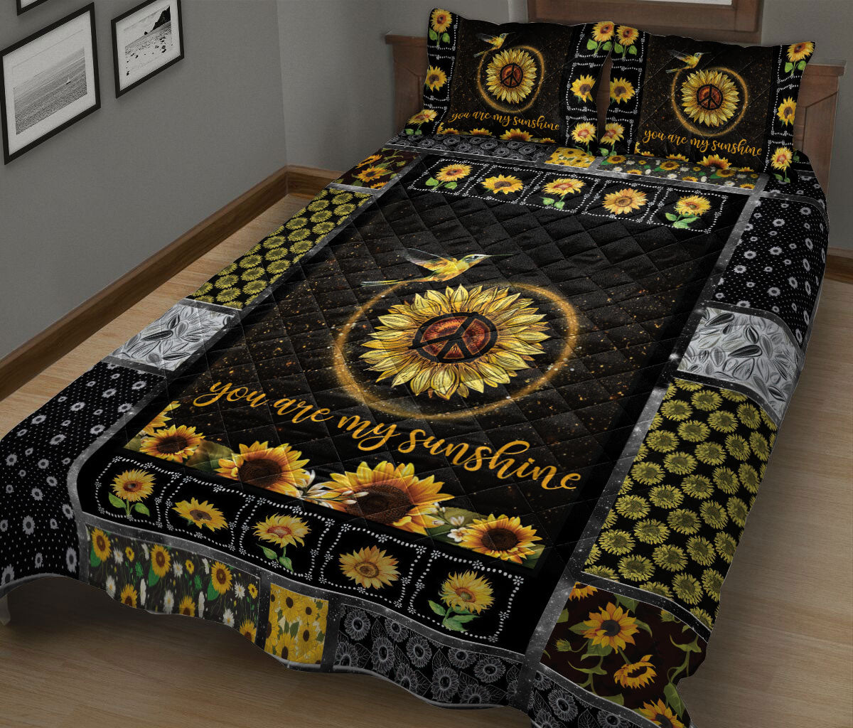 Ohaprints-Quilt-Bed-Set-Pillowcase-Hummingbird-You-Are-My-Sunshine-Sunflower-Yellow-Floral-Patchwork-Pattern-Blanket-Bedspread-Bedding-2950-King (90'' x 100'')