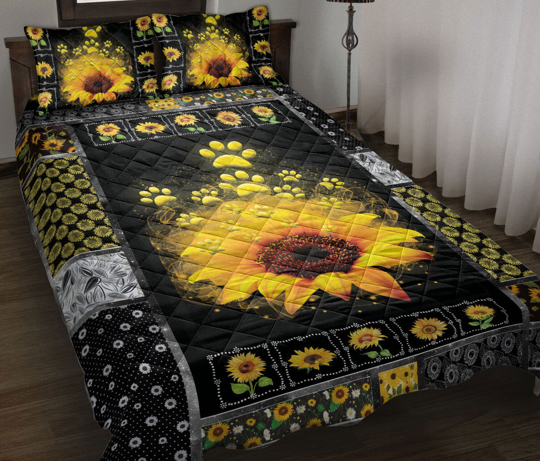 Ohaprints-Quilt-Bed-Set-Pillowcase-Dog-Cat-Paw-Love-Sunflower-Yellow-Floral-Patchwork-Pattern-Blanket-Bedspread-Bedding-2992-Throw (55'' x 60'')