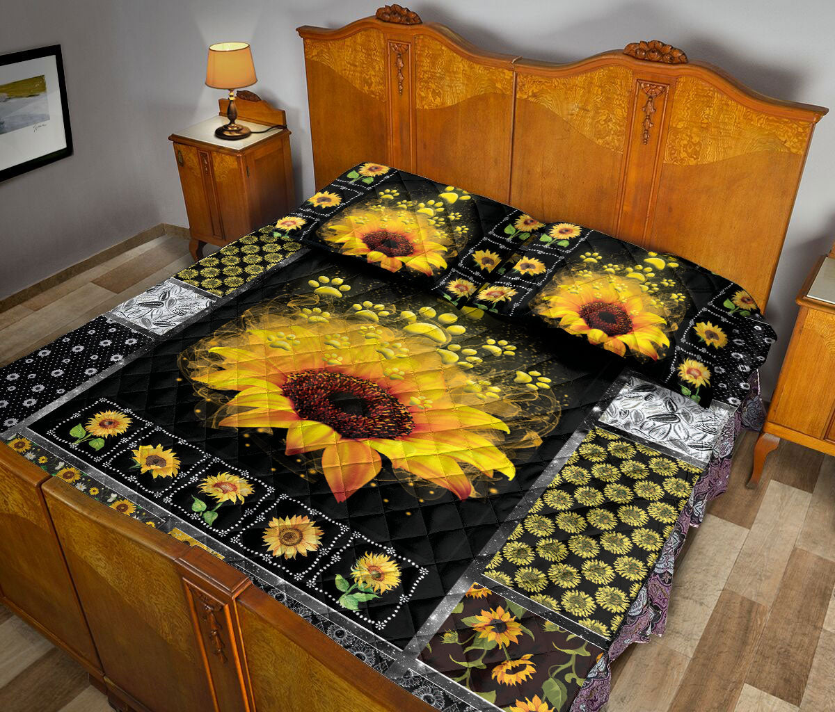 Ohaprints-Quilt-Bed-Set-Pillowcase-Dog-Cat-Paw-Love-Sunflower-Yellow-Floral-Patchwork-Pattern-Blanket-Bedspread-Bedding-2992-Queen (80'' x 90'')