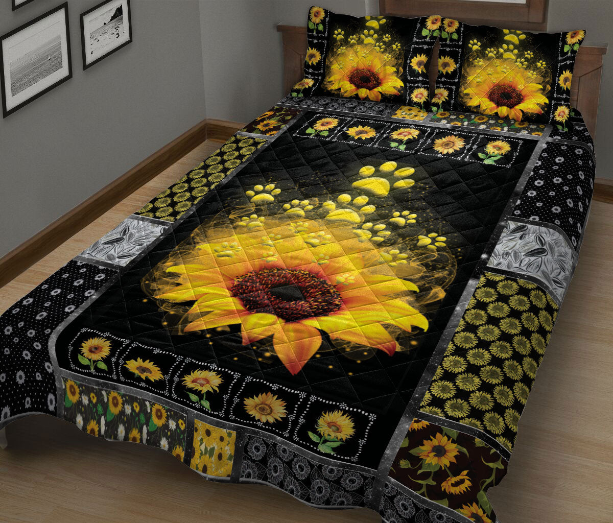 Ohaprints-Quilt-Bed-Set-Pillowcase-Dog-Cat-Paw-Love-Sunflower-Yellow-Floral-Patchwork-Pattern-Blanket-Bedspread-Bedding-2992-King (90'' x 100'')