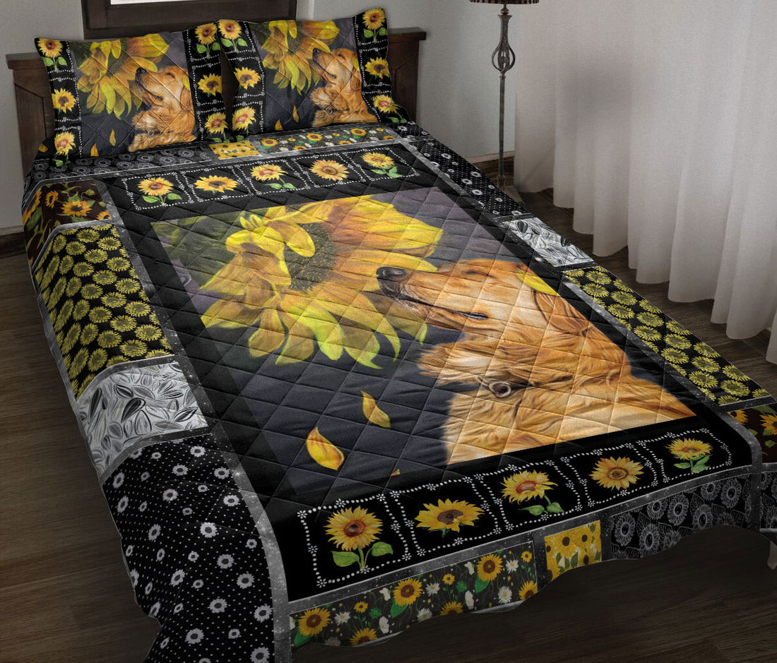Ohaprints-Quilt-Bed-Set-Pillowcase-Golden-Retriever-Dog-Sunflower-Yellow-Floral-Patchwork-Pattern-Blanket-Bedspread-Bedding-67-Throw (55'' x 60'')