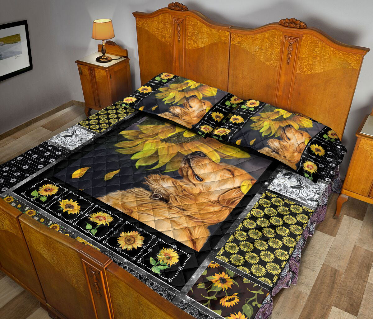 Ohaprints-Quilt-Bed-Set-Pillowcase-Golden-Retriever-Dog-Sunflower-Yellow-Floral-Patchwork-Pattern-Blanket-Bedspread-Bedding-67-Queen (80'' x 90'')