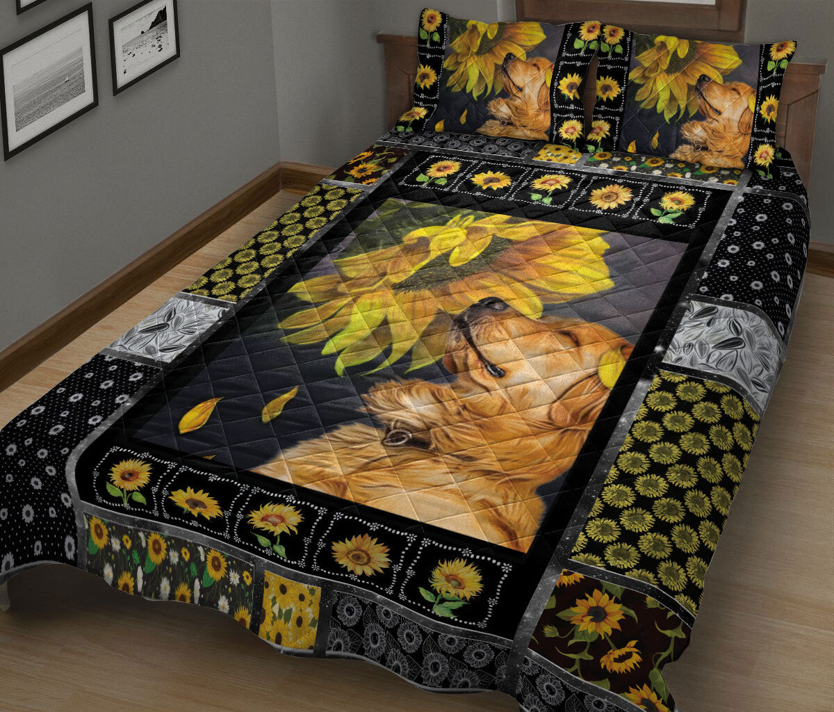 Ohaprints-Quilt-Bed-Set-Pillowcase-Golden-Retriever-Dog-Sunflower-Yellow-Floral-Patchwork-Pattern-Blanket-Bedspread-Bedding-67-King (90'' x 100'')