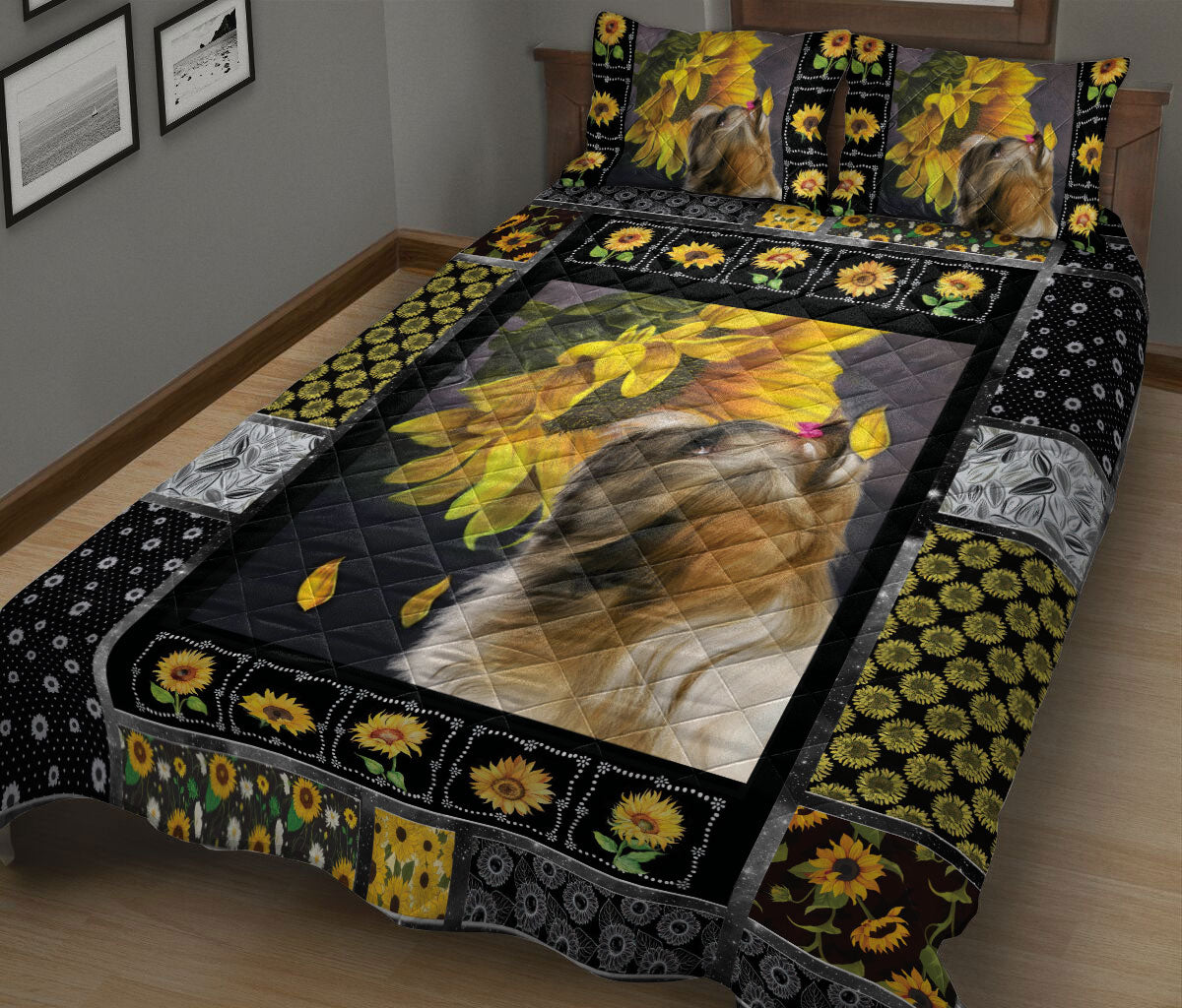 Ohaprints-Quilt-Bed-Set-Pillowcase-Shih-Tzu-Shitzu-Dog-Sunflower-Yellow-Floral-Patchwork-Pattern-Blanket-Bedspread-Bedding-2412-King (90'' x 100'')