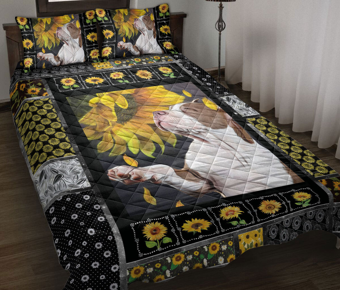 Ohaprints-Quilt-Bed-Set-Pillowcase-Pitbull-Terrier-Dog-Sunflower-Yellow-Floral-Patchwork-Pattern-Blanket-Bedspread-Bedding-1213-Throw (55'' x 60'')