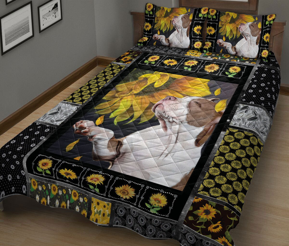 Ohaprints-Quilt-Bed-Set-Pillowcase-Pitbull-Terrier-Dog-Sunflower-Yellow-Floral-Patchwork-Pattern-Blanket-Bedspread-Bedding-1213-King (90'' x 100'')