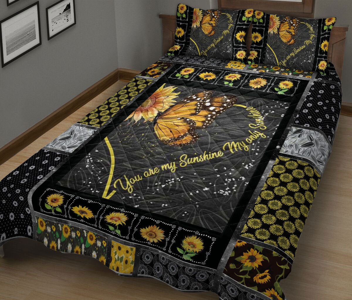 Ohaprints-Quilt-Bed-Set-Pillowcase-Butterfly-Sunflower-You'Re-My-Sunshine-Floral-Patchwork-Pattern-Blanket-Bedspread-Bedding-109-King (90'' x 100'')