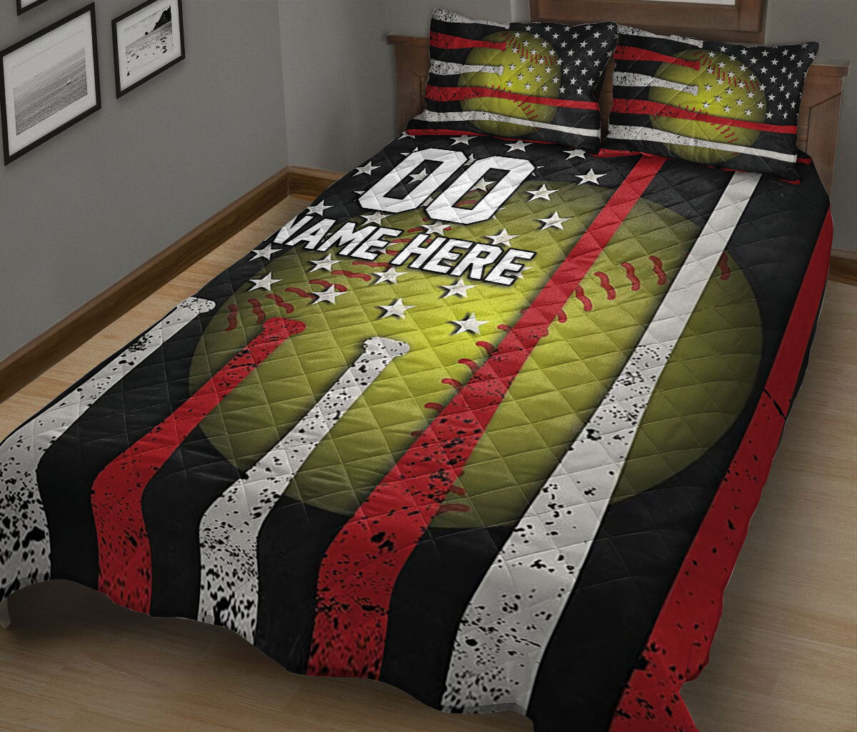 Ohaprints-Quilt-Bed-Set-Pillowcase-Softball-Ball-American-Flag-Custom-Personalized-Name-Number-Blanket-Bedspread-Bedding-1263-King (90'' x 100'')