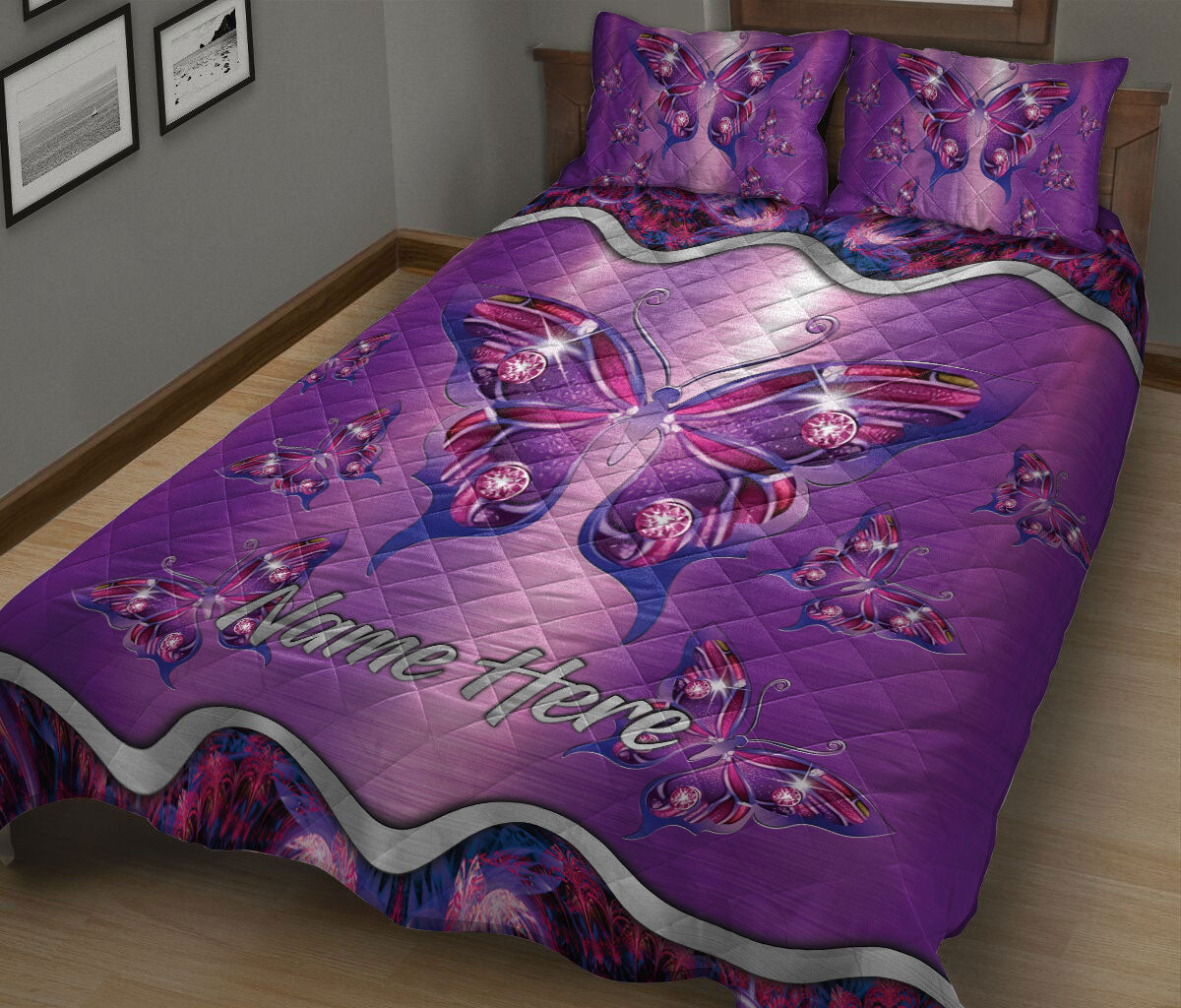 Ohaprints-Quilt-Bed-Set-Pillowcase-Purple-Butterfly-Floral-Pattern-Custom-Personalized-Name-Blanket-Bedspread-Bedding-1856-King (90'' x 100'')