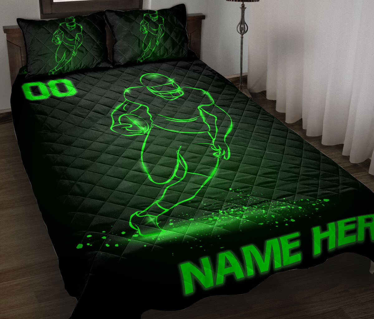 Ohaprints-Quilt-Bed-Set-Pillowcase-Football-Player-Green-Pattern-Sport-Lover-Gift-Custom-Personalized-Name-Number-Blanket-Bedspread-Bedding-3140-Double (70'' x 80'')