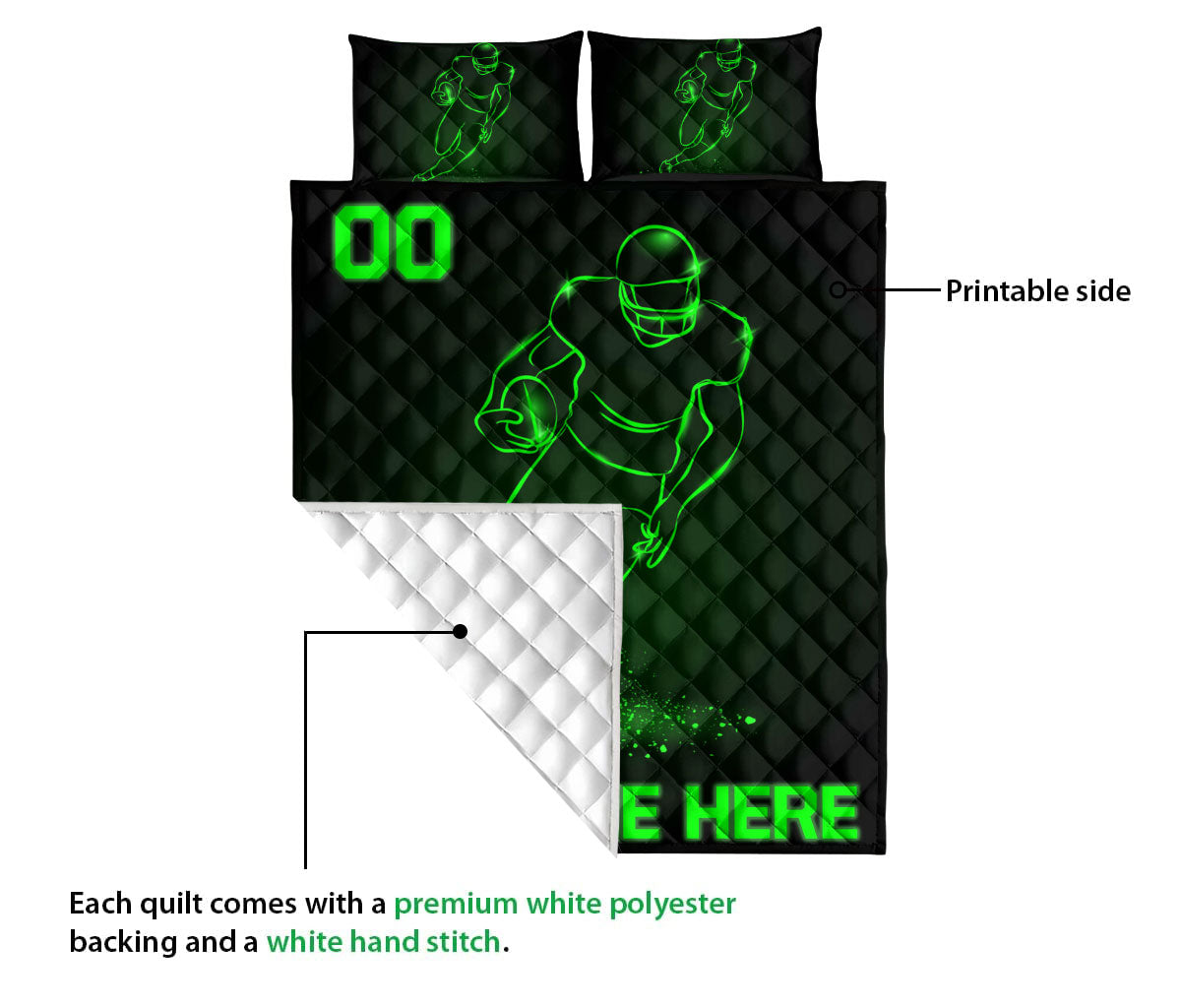 Ohaprints-Quilt-Bed-Set-Pillowcase-Football-Player-Green-Pattern-Sport-Lover-Gift-Custom-Personalized-Name-Number-Blanket-Bedspread-Bedding-3140-King (90'' x 100'')