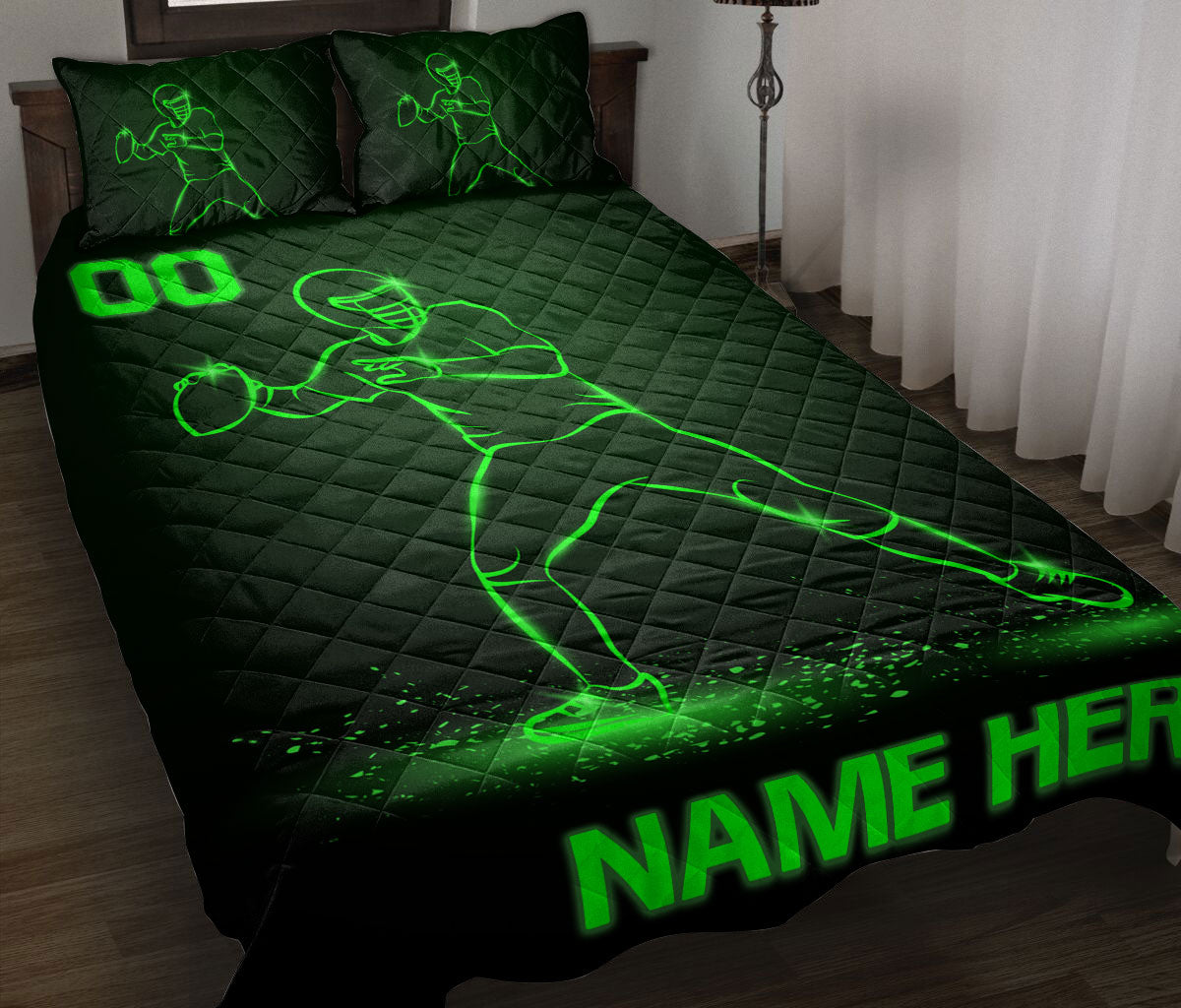 Ohaprints-Quilt-Bed-Set-Pillowcase-Football-Player-Sport-Lover-Gift-Green-Pattern-Custom-Personalized-Name-Number-Blanket-Bedspread-Bedding-3141-Double (70'' x 80'')