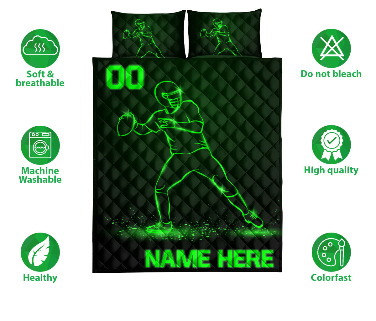 Ohaprints-Quilt-Bed-Set-Pillowcase-Football-Player-Sport-Lover-Gift-Green-Pattern-Custom-Personalized-Name-Number-Blanket-Bedspread-Bedding-3141-Queen (80'' x 90'')