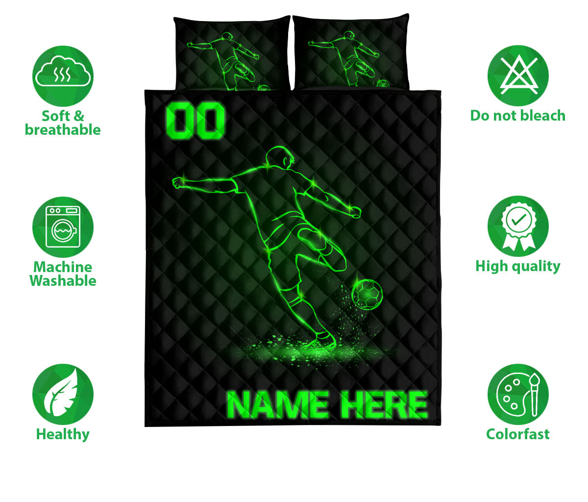 Ohaprints-Quilt-Bed-Set-Pillowcase-Soccer-Player-Sport-Lover-Gift-Green-Custom-Personalized-Name-Number-Blanket-Bedspread-Bedding-3376-Queen (80'' x 90'')