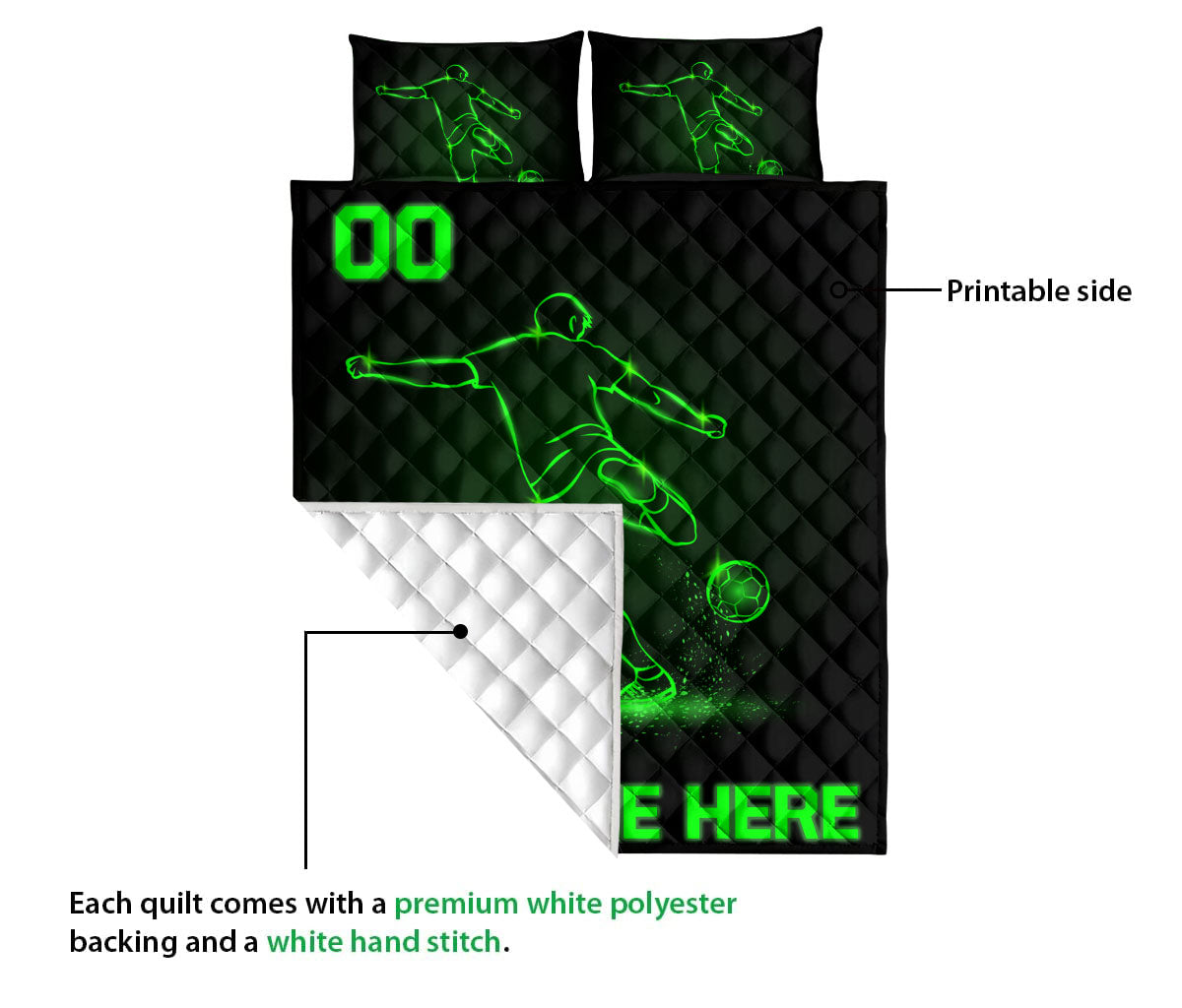 Ohaprints-Quilt-Bed-Set-Pillowcase-Soccer-Player-Sport-Lover-Gift-Green-Custom-Personalized-Name-Number-Blanket-Bedspread-Bedding-3376-King (90'' x 100'')