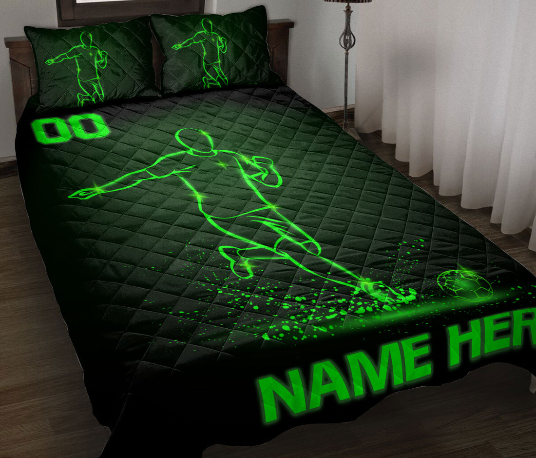 Ohaprints-Quilt-Bed-Set-Pillowcase-Soccer-Player-Green-Pattern-Sports-Custom-Personalized-Name-Number-Blanket-Bedspread-Bedding-3377-Double (70'' x 80'')