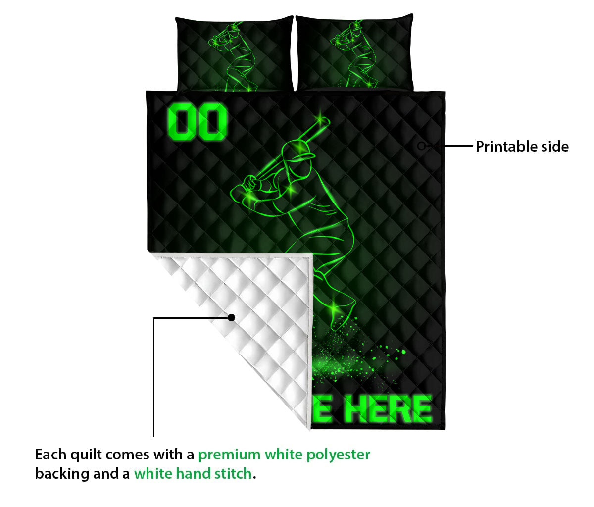 Ohaprints-Quilt-Bed-Set-Pillowcase-Baseball-Batter-Green-Pattern-Sport-Lover-Gift-Custom-Personalized-Name-Number-Blanket-Bedspread-Bedding-3198-King (90'' x 100'')