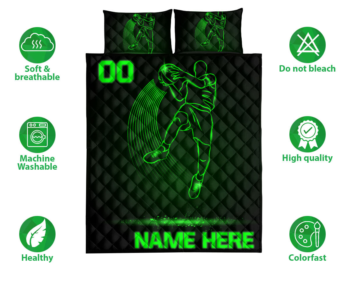 Ohaprints-Quilt-Bed-Set-Pillowcase-Basketball-Green-Pattern-Sport-Lover-Custom-Personalized-Name-Number-Blanket-Bedspread-Bedding-3402-Queen (80'' x 90'')