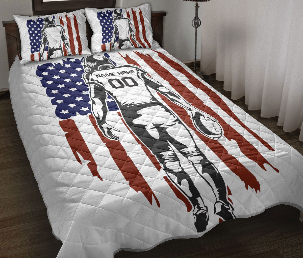 Ohaprints-Quilt-Bed-Set-Pillowcase-Football-Player-Us-American-Flag-Sport-Gift-Custom-Personalized-Name-Number-Blanket-Bedspread-Bedding-3142-Double (70'' x 80'')