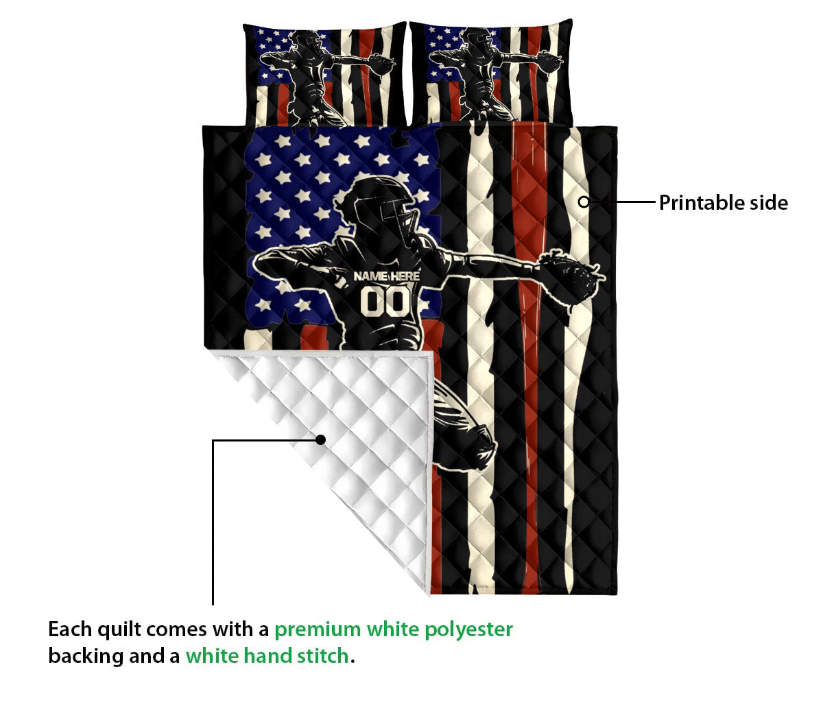 Ohaprints-Quilt-Bed-Set-Pillowcase-American-Us-Flag-Baseball-Player-Sport-Gifts-Custom-Personalized-Name-Number-Blanket-Bedspread-Bedding-3202-King (90'' x 100'')