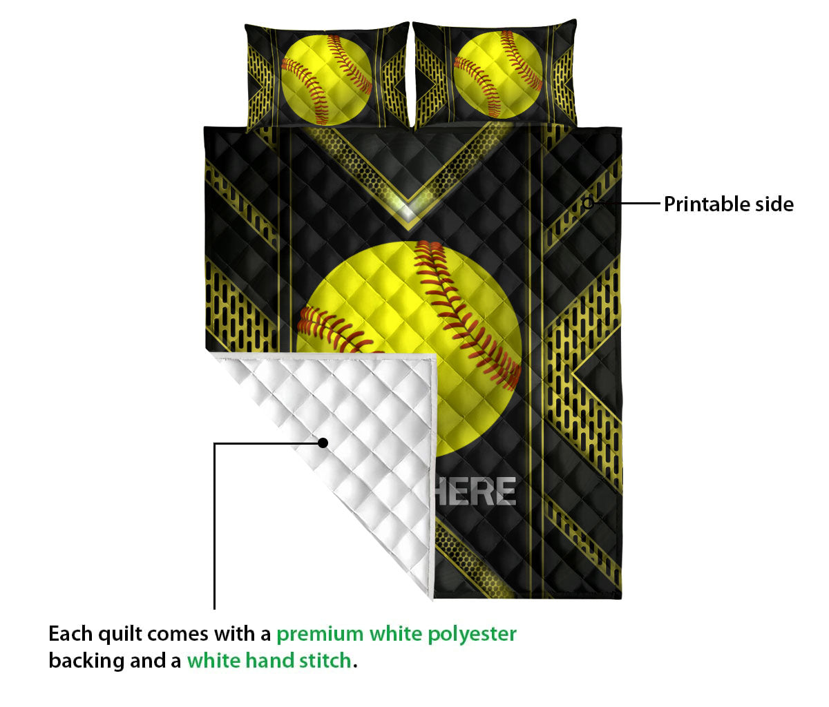 Ohaprints-Quilt-Bed-Set-Pillowcase-Softball-Yellow-Ball-Carbon-Pattern-Sport-Lover-Gift-Custom-Personalized-Name-Blanket-Bedspread-Bedding-3102-King (90'' x 100'')