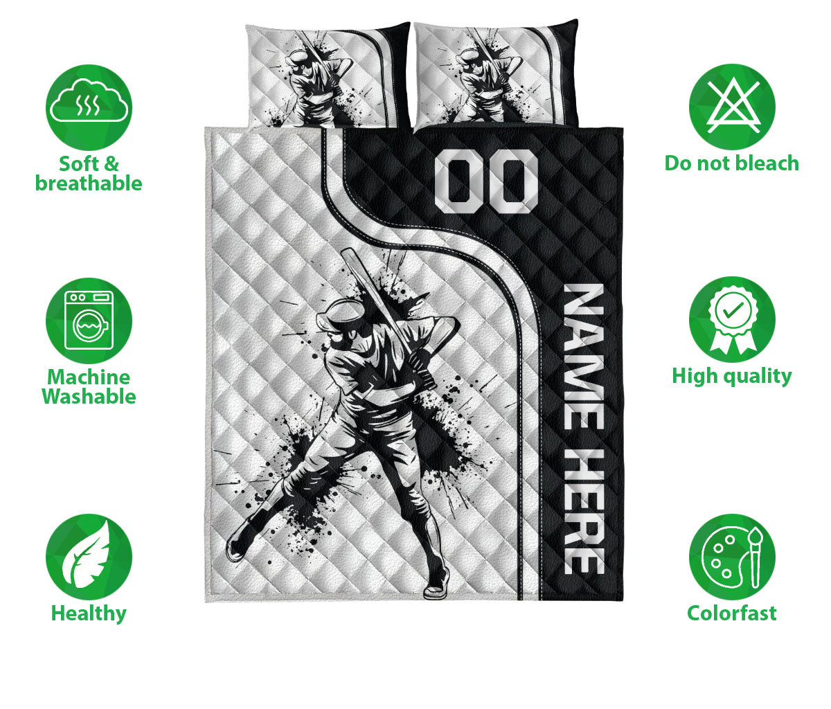 Ohaprints-Quilt-Bed-Set-Pillowcase-Baseball-Batter-Sport-Black-&-White-Pattern-Custom-Personalized-Name-Number-Blanket-Bedspread-Bedding-3204-Double (70'' x 80'')