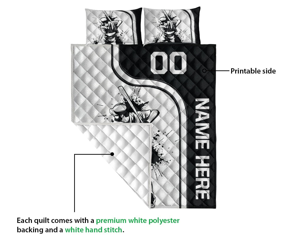 Ohaprints-Quilt-Bed-Set-Pillowcase-Baseball-Batter-Sport-Black-&-White-Pattern-Custom-Personalized-Name-Number-Blanket-Bedspread-Bedding-3204-Queen (80'' x 90'')