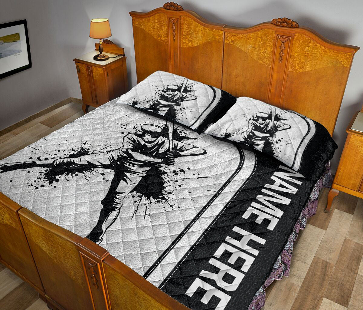 Ohaprints-Quilt-Bed-Set-Pillowcase-Baseball-Batter-Sport-Black-&-White-Pattern-Custom-Personalized-Name-Number-Blanket-Bedspread-Bedding-3204-King (90'' x 100'')