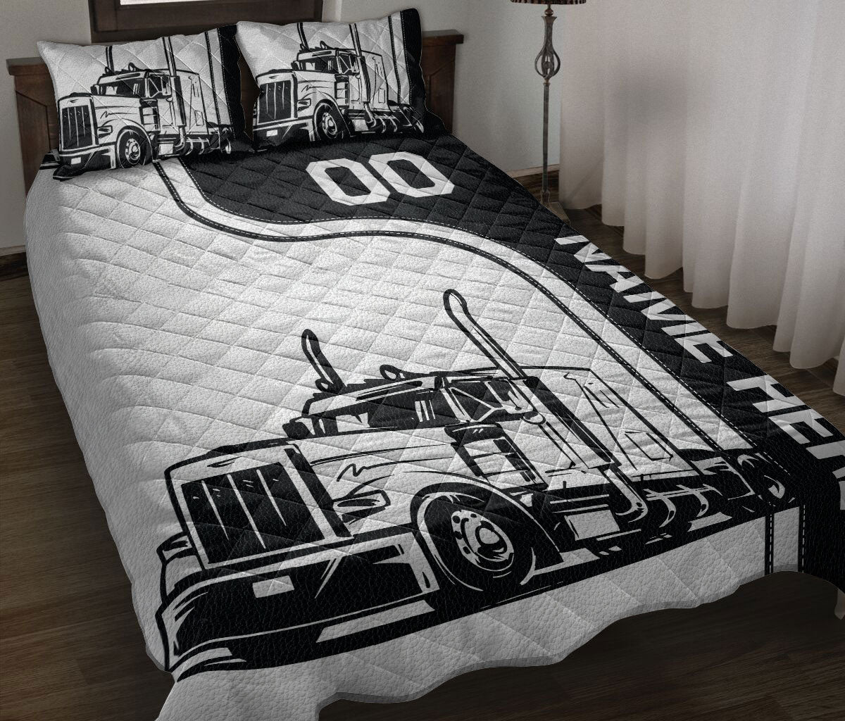 Ohaprints-Quilt-Bed-Set-Pillowcase-Truck-Sport-Black-And-White-Trucker-Gift-Custom-Personalized-Name-Blanket-Bedspread-Bedding-3526-Throw (55'' x 60'')