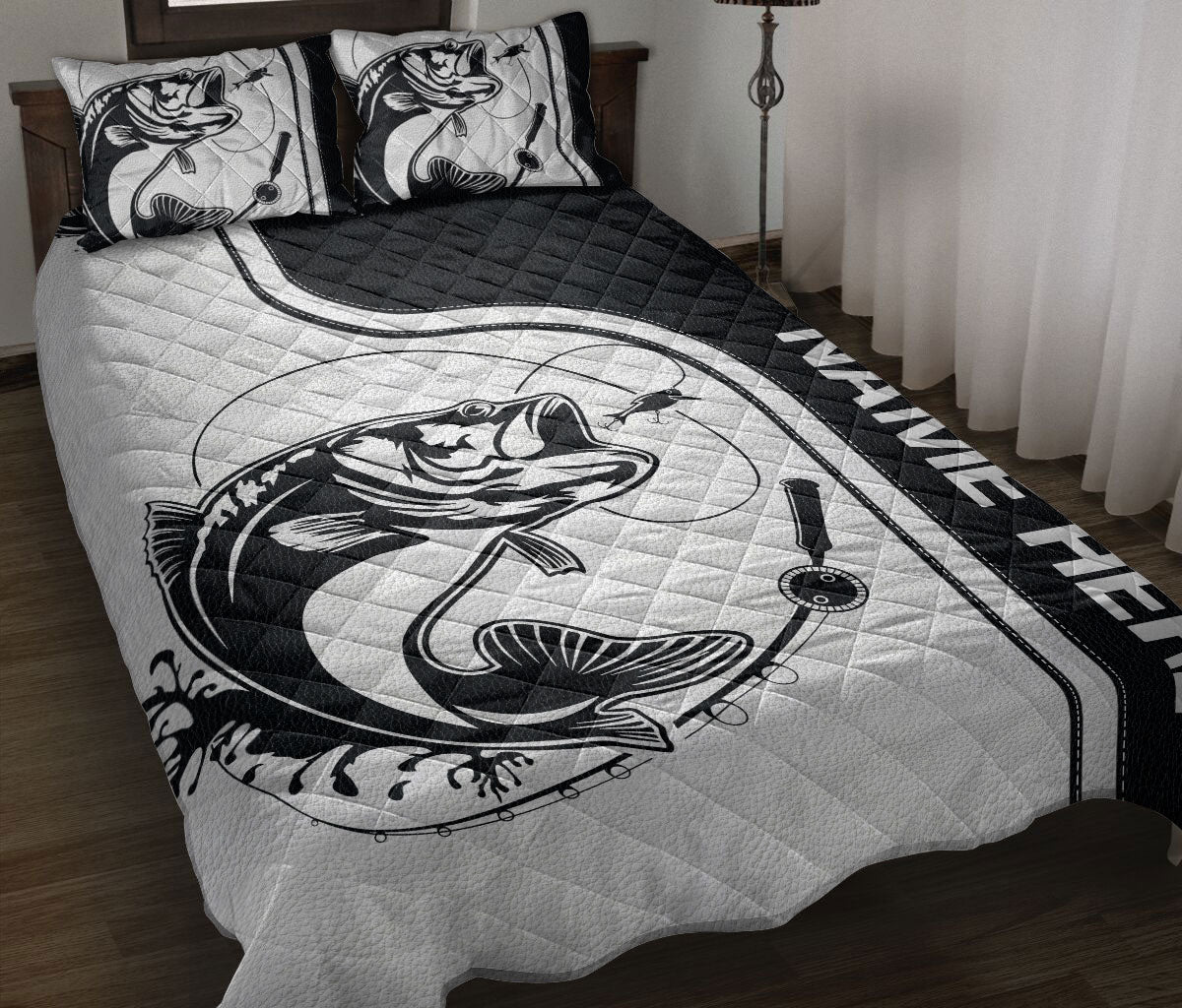 Ohaprints-Quilt-Bed-Set-Pillowcase-Fishing-Bass-Fish-B-&-W-Pattern-Fisherman-Gift-Custom-Personalized-Name-Blanket-Bedspread-Bedding-3246-Throw (55'' x 60'')