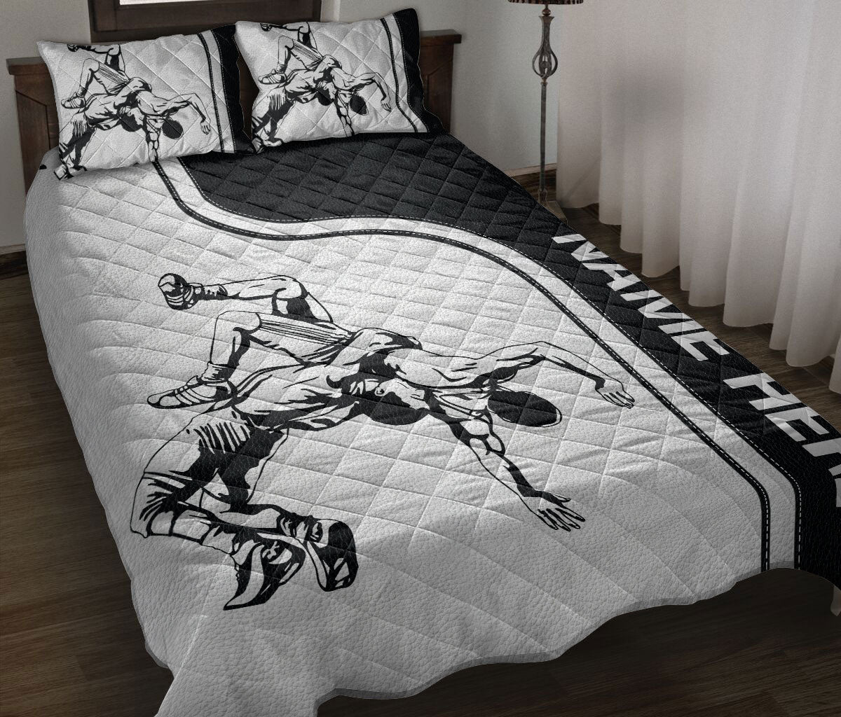 Ohaprints-Quilt-Bed-Set-Pillowcase-Wrestling-Black-&-White-Pattern-Sport-Gift-Custom-Personalized-Name-Blanket-Bedspread-Bedding-3243-Throw (55'' x 60'')