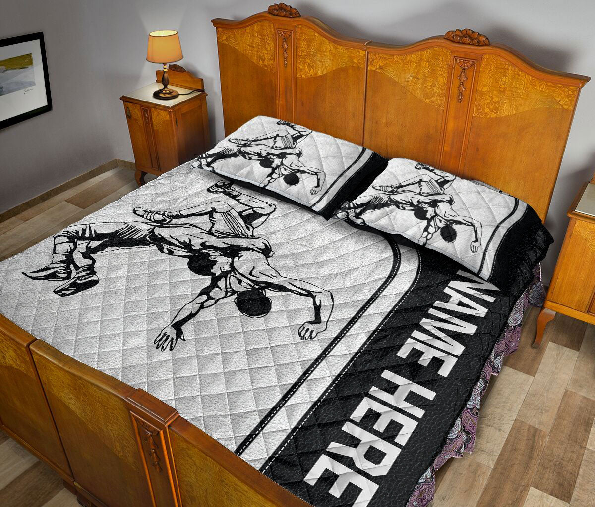 Ohaprints-Quilt-Bed-Set-Pillowcase-Wrestling-Black-&-White-Pattern-Sport-Gift-Custom-Personalized-Name-Blanket-Bedspread-Bedding-3243-King (90'' x 100'')