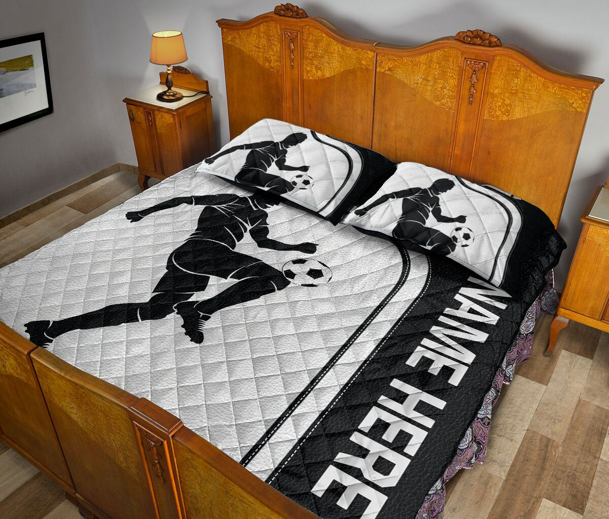 Ohaprints-Quilt-Bed-Set-Pillowcase-Soccer-Player-Black-White-Pattern-Sport-Custom-Personalized-Name-Blanket-Bedspread-Bedding-3380-King (90'' x 100'')