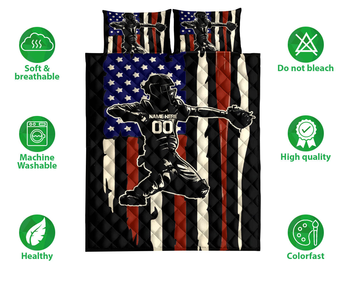 Ohaprints-Quilt-Bed-Set-Pillowcase-American-Us-Flag-Baseball-Catcher-Sport-Gifts-Custom-Personalized-Name-Number-Blanket-Bedspread-Bedding-3205-Double (70'' x 80'')