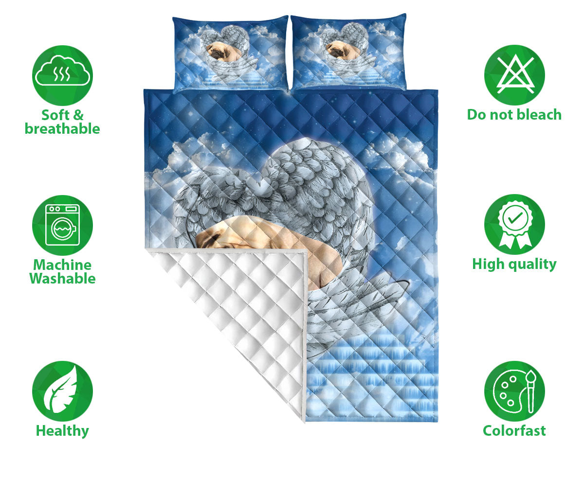 Ohaprints-Quilt-Bed-Set-Pillowcase-Cute-Pug-Sleeping-Angel-Wings-Gift-Gifts-For-Dog-Puppy-Lover-Blue-Sky-Blanket-Bedspread-Bedding-1301-Double (70'' x 80'')