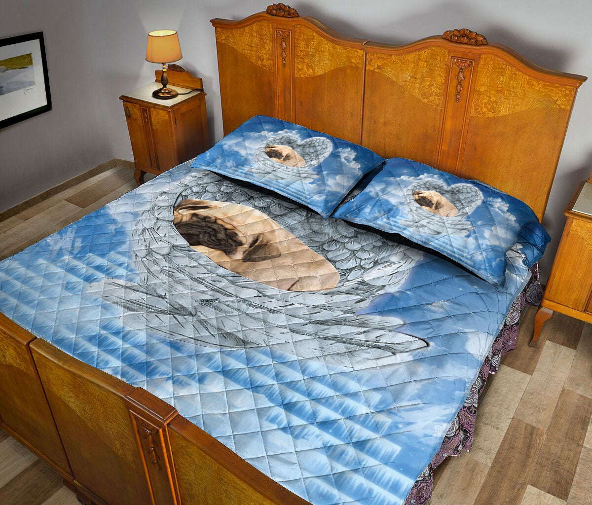 Ohaprints-Quilt-Bed-Set-Pillowcase-Cute-Pug-Sleeping-Angel-Wings-Gift-Gifts-For-Dog-Puppy-Lover-Blue-Sky-Blanket-Bedspread-Bedding-1301-Queen (80'' x 90'')