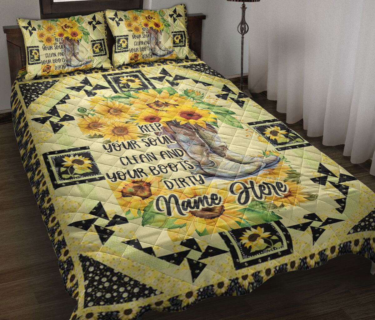 Ohaprints-Quilt-Bed-Set-Pillowcase-Western-Cowgirl-Cowboy-Hat-Sunflower-Horse-Lover-Custom-Personalized-Name-Blanket-Bedspread-Bedding-1890-Throw (55'' x 60'')