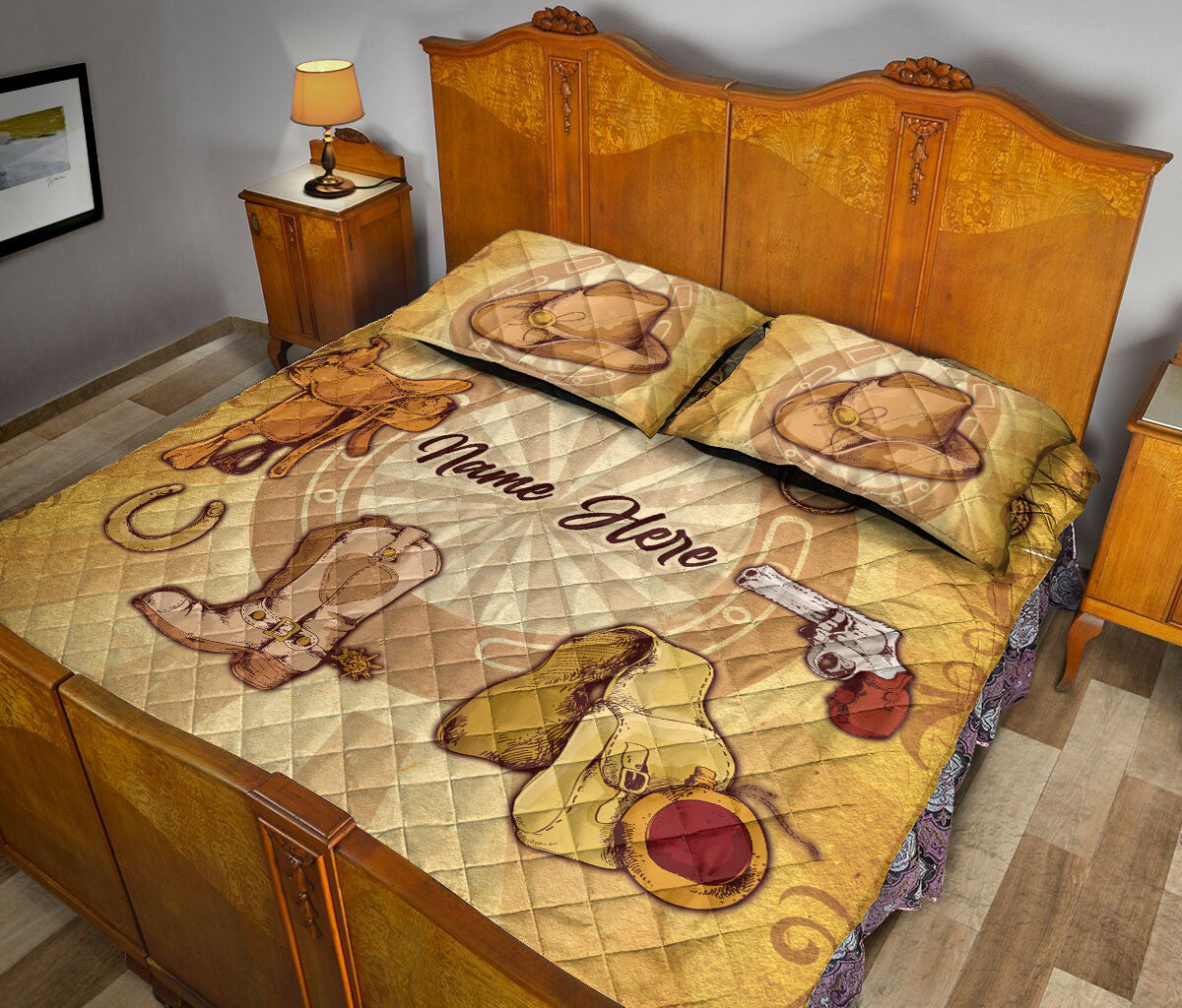 Ohaprints-Quilt-Bed-Set-Pillowcase-Western-Cowgirl-Cowboy-Hat-Horse-Lover-Vintage-Beige-Custom-Personalized-Name-Blanket-Bedspread-Bedding-90-Queen (80'' x 90'')