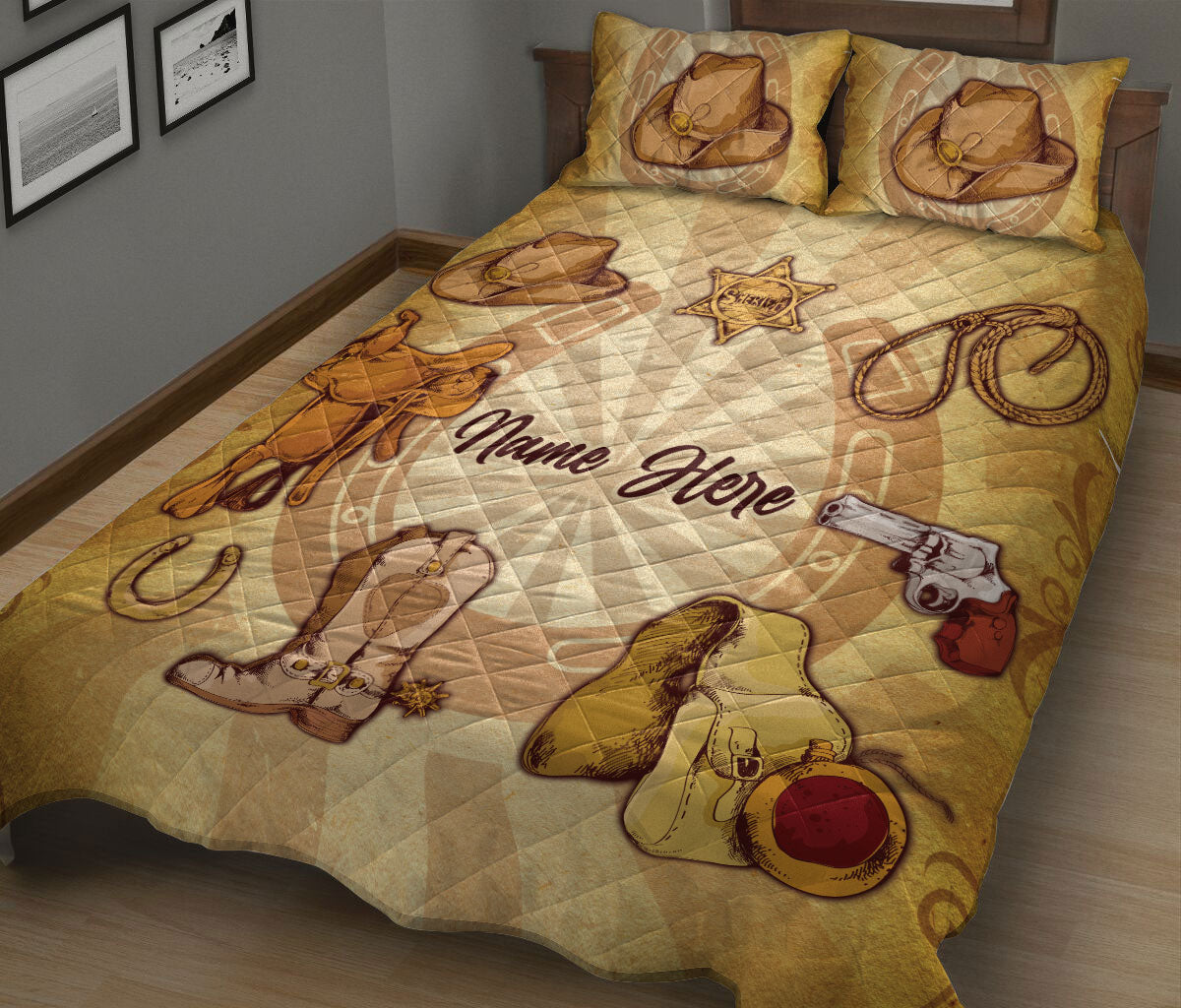 Ohaprints-Quilt-Bed-Set-Pillowcase-Western-Cowgirl-Cowboy-Hat-Horse-Lover-Vintage-Beige-Custom-Personalized-Name-Blanket-Bedspread-Bedding-90-King (90'' x 100'')