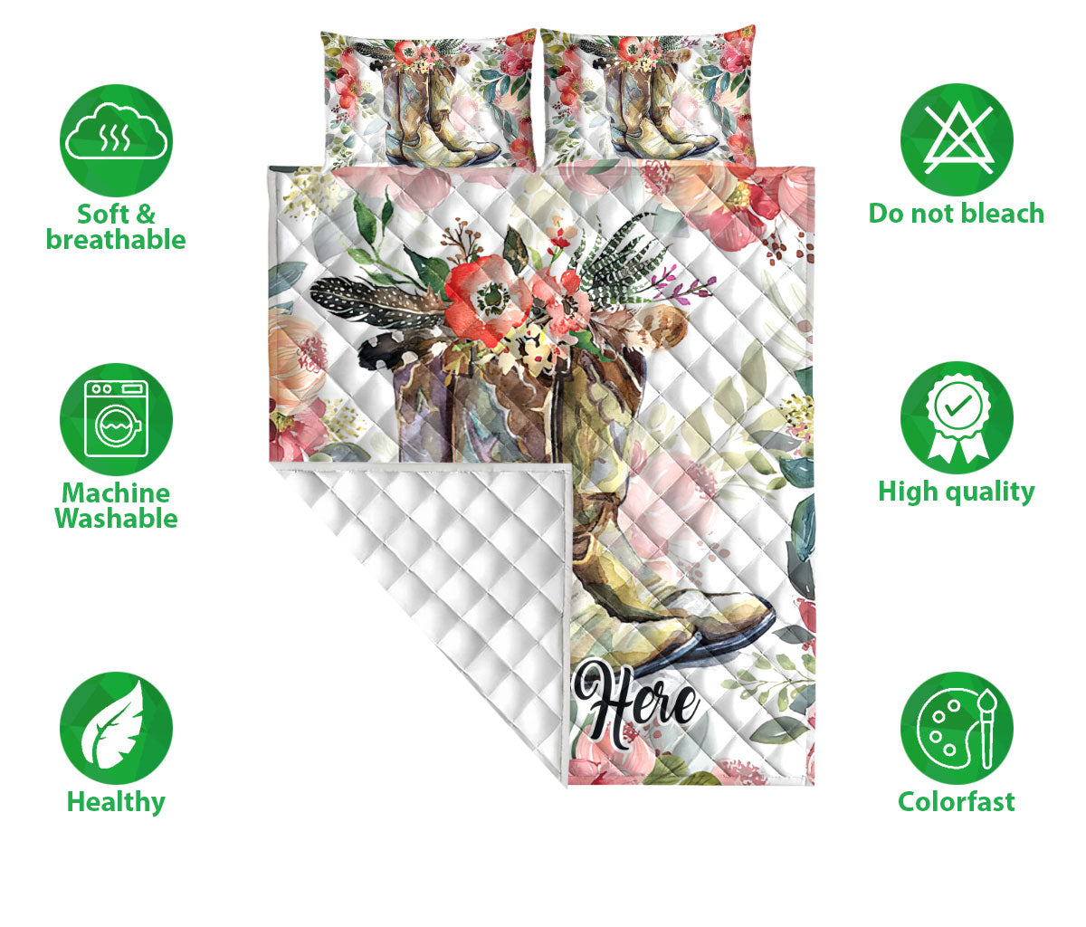 Ohaprints-Quilt-Bed-Set-Pillowcase-Western-Cowgirl-Cowboy-Hat-Horse-Lover-Flower-Floral-Custom-Personalized-Name-Blanket-Bedspread-Bedding-1325-Double (70'' x 80'')