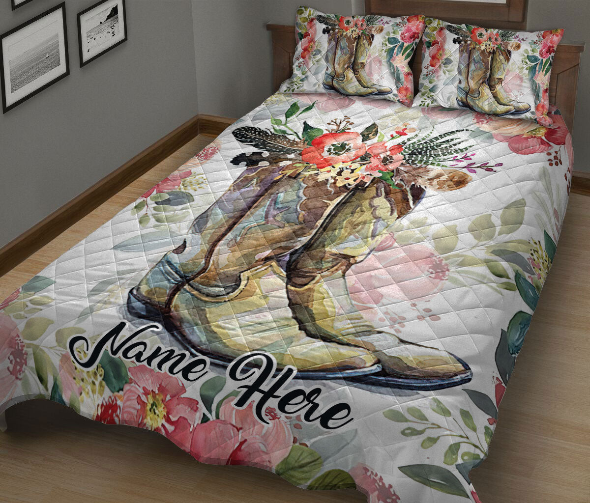 Ohaprints-Quilt-Bed-Set-Pillowcase-Western-Cowgirl-Cowboy-Hat-Horse-Lover-Flower-Floral-Custom-Personalized-Name-Blanket-Bedspread-Bedding-1325-King (90'' x 100'')