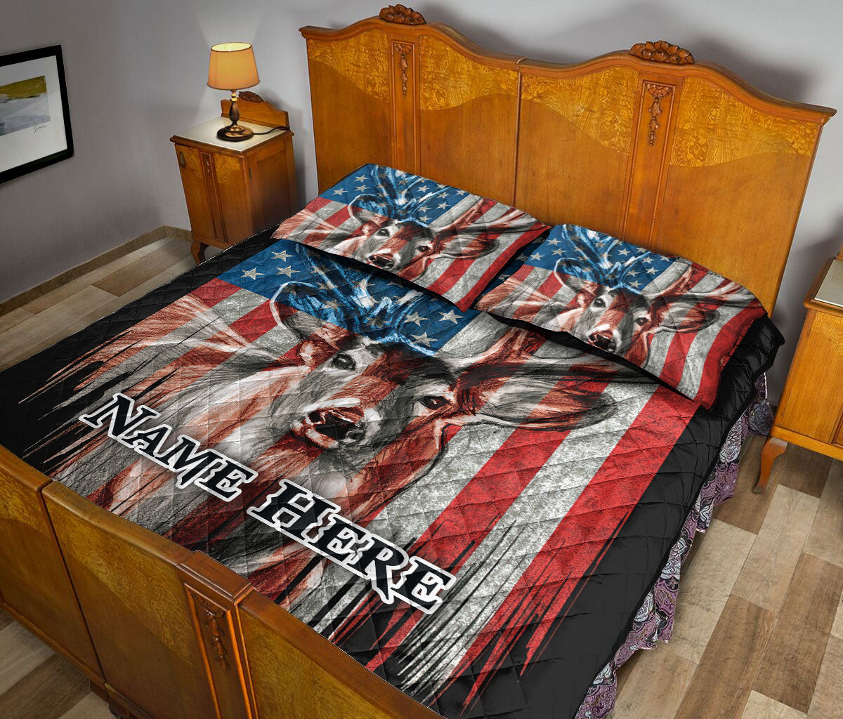 Ohaprints-Quilt-Bed-Set-Pillowcase-Deer-Hunting-American-Us-Flag-Gift-For-Patriotic-Custom-Personalized-Name-Blanket-Bedspread-Bedding-2254-Queen (80'' x 90'')