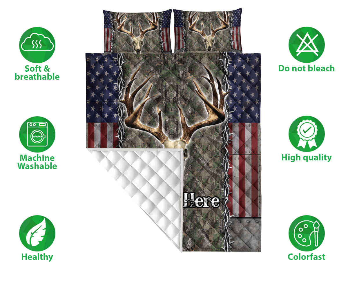 Ohaprints-Quilt-Bed-Set-Pillowcase-Deer-Skull-Hunting-Camo-American-Flag-Pattern-Custom-Personalized-Name-Blanket-Bedspread-Bedding-1178-Double (70'' x 80'')