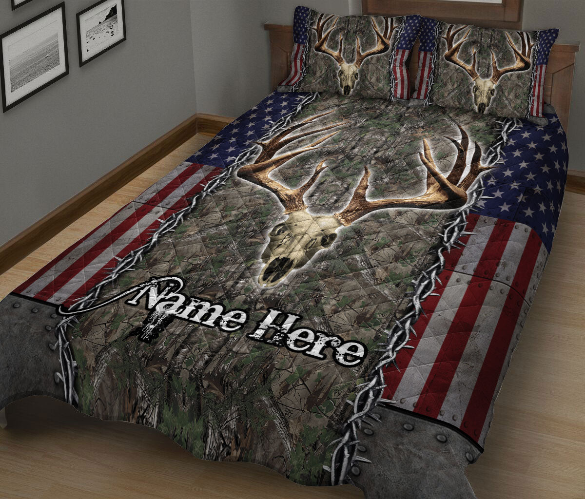 Ohaprints-Quilt-Bed-Set-Pillowcase-Deer-Skull-Hunting-Camo-American-Flag-Pattern-Custom-Personalized-Name-Blanket-Bedspread-Bedding-1178-King (90'' x 100'')